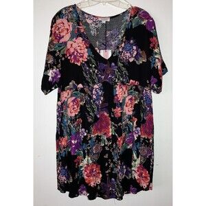 Andree By Unit Women's Size L Floral V Neck Pullover Babydoll Dress Lined NWT
